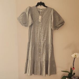 Citrus Black/White stripe Drop Waist Puff Sleeve Tiered Midi Shirt Dress Siz M